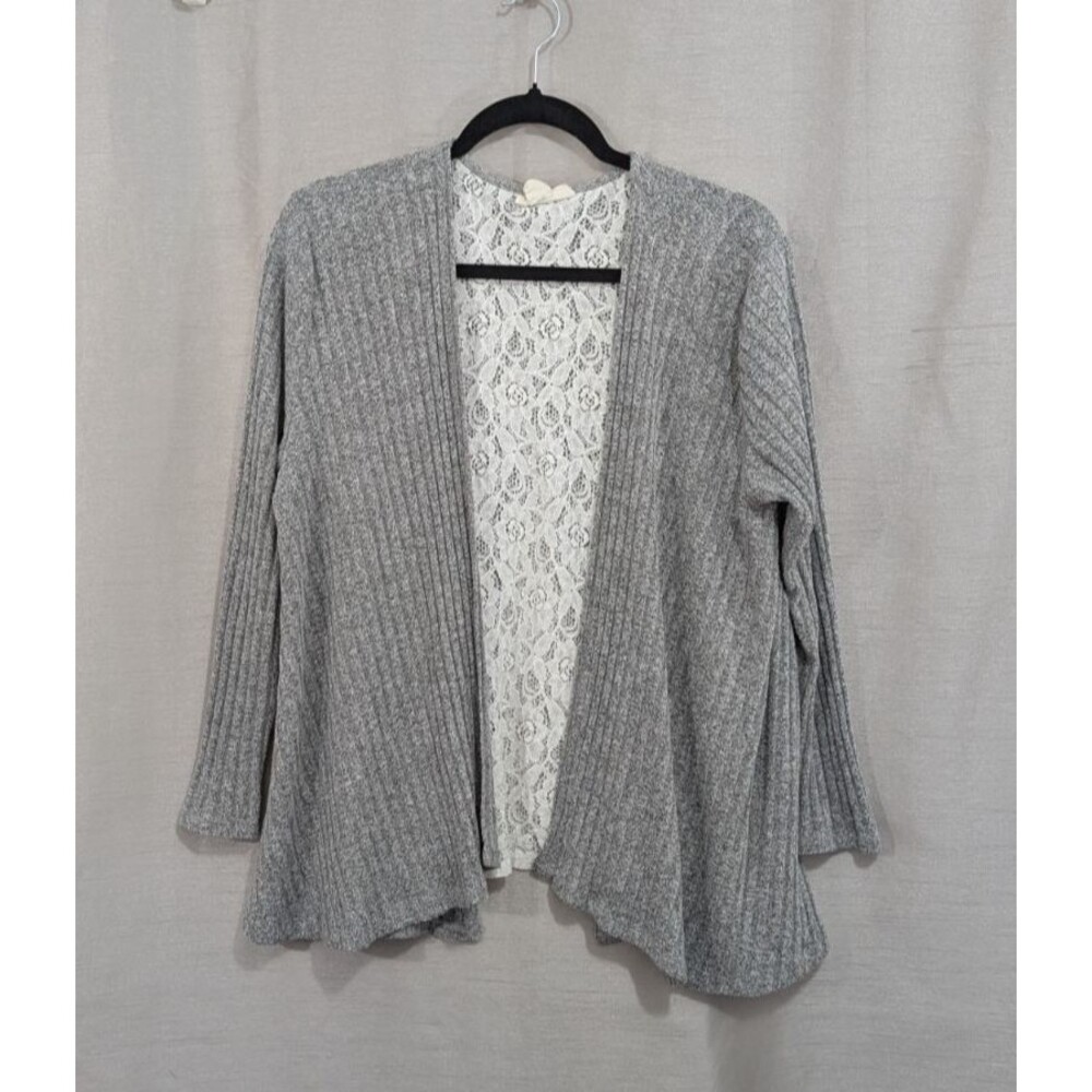 Women's Petite MED Open Front Gray Knit Cardigan with Lace Back Cottagecore Boho